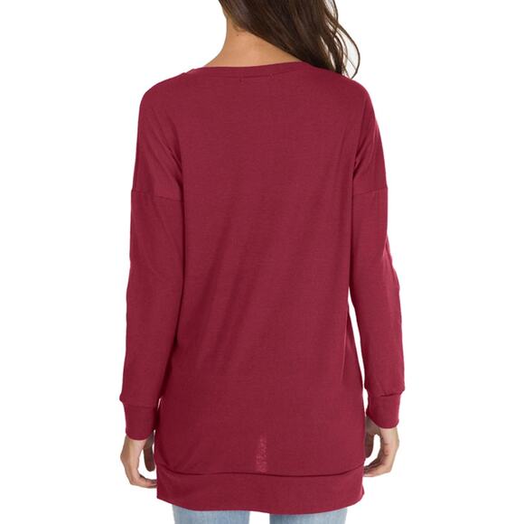 Women's Long Sleeve Loose Blouse Casual Burgundy Pullover Tunic Top - Picture 4 of 5